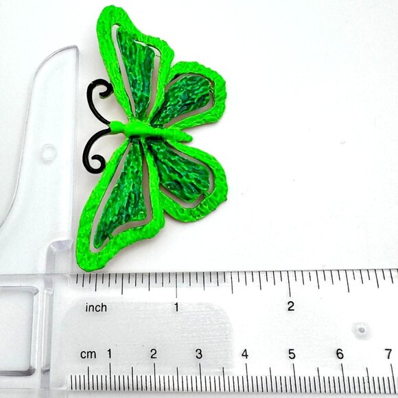 JJ Jonette Neon Green Butterfly Brooch Pin Textured Black Antenna 70s Vtg - Picture 2 of 8